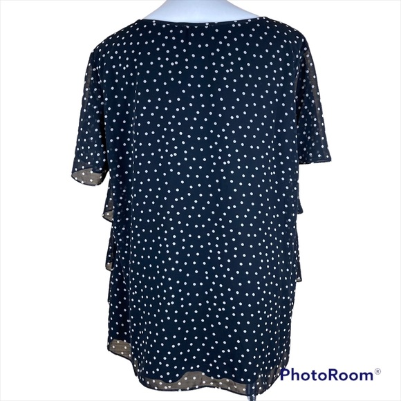 ROZALI 2 Layer Short Sleeve size 2X Black and White Polka Dot Ruffle Blouse - Picture 2 of 3
